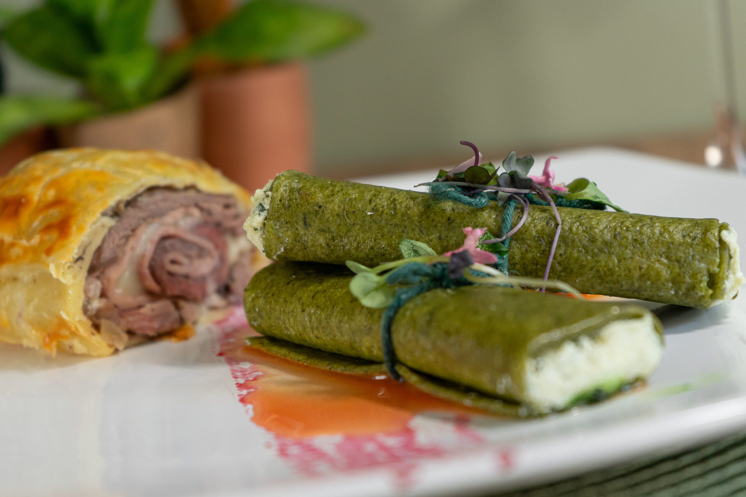 Filet a Cordon Bleu com Canelone Verde Meia Cura e Castanhas
